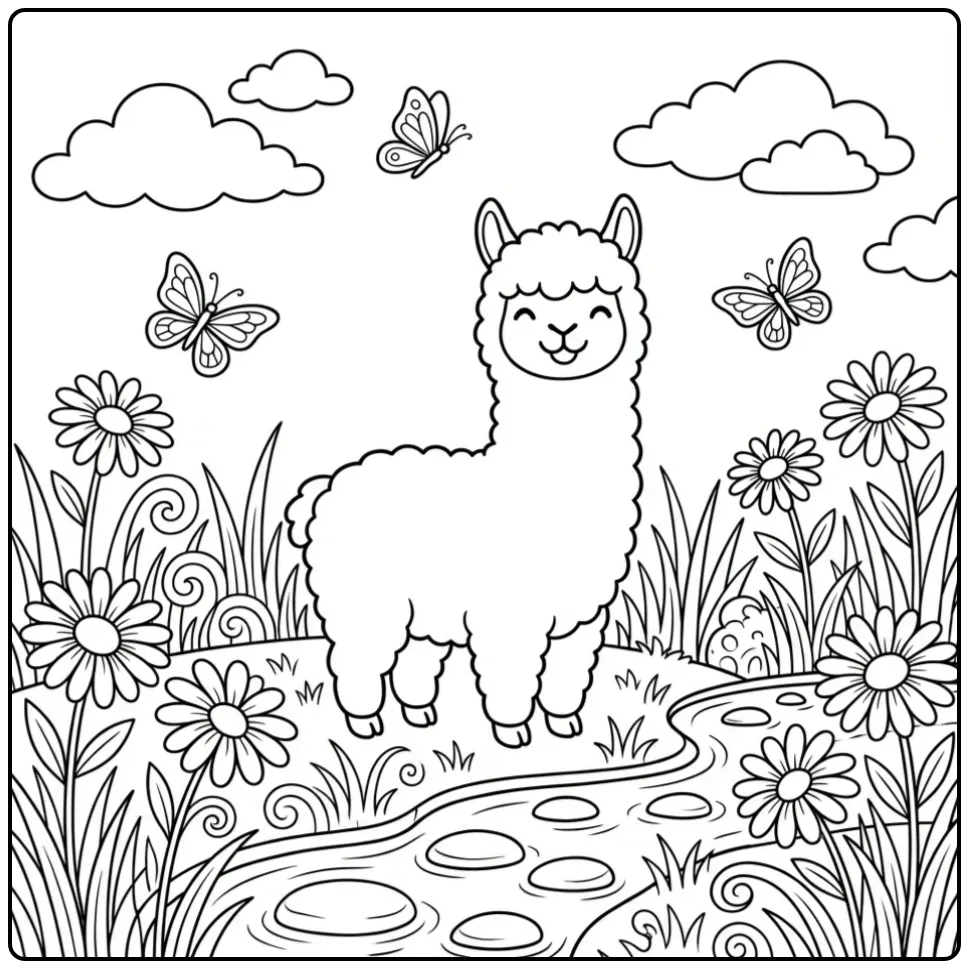 Kleurplaat alpaca in bloemenwei met beekje en vlinders.