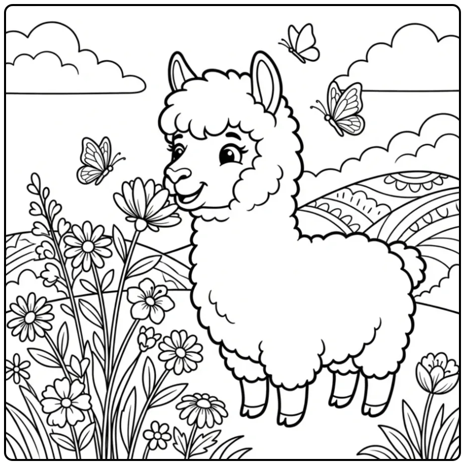 Een schattige kleurplaat alpaca in een wei met bloemen.