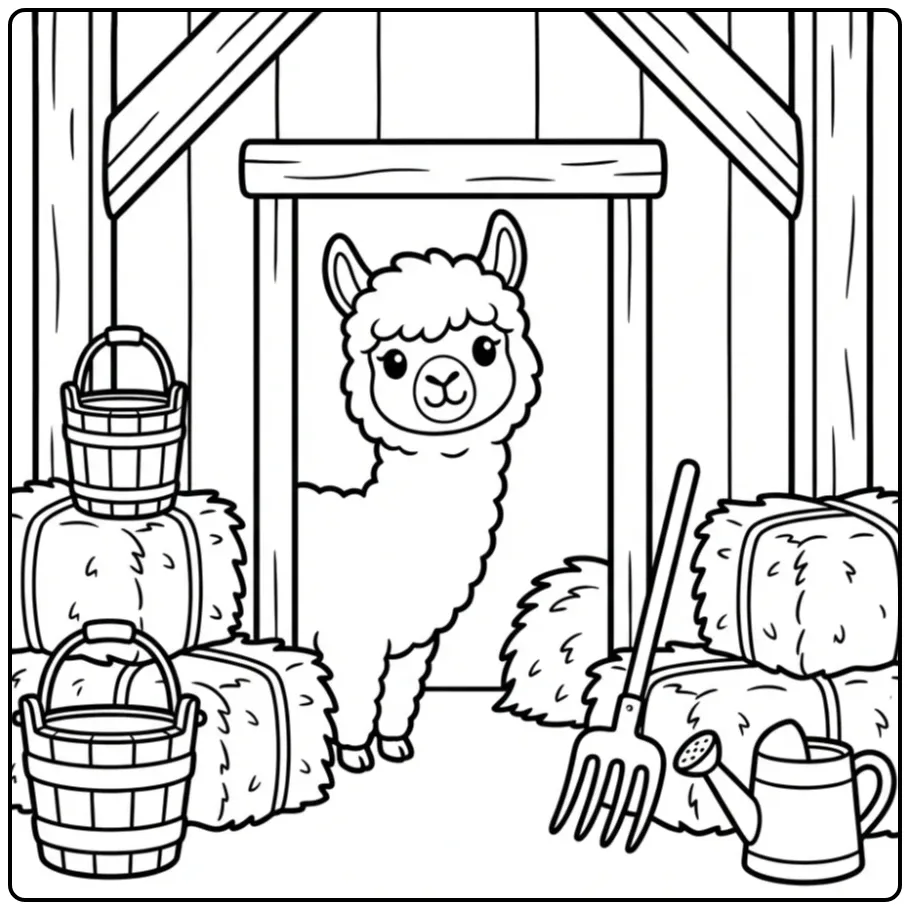 Schattige kleurplaat alpaca die uit een staldeur gluurt.