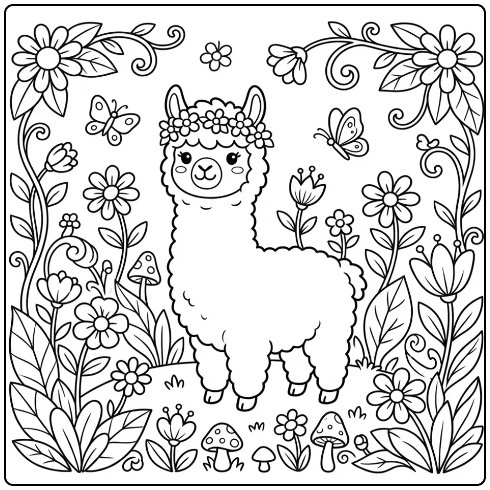 Schattige kleurplaat alpaca met bloemenkroon in de tuin.