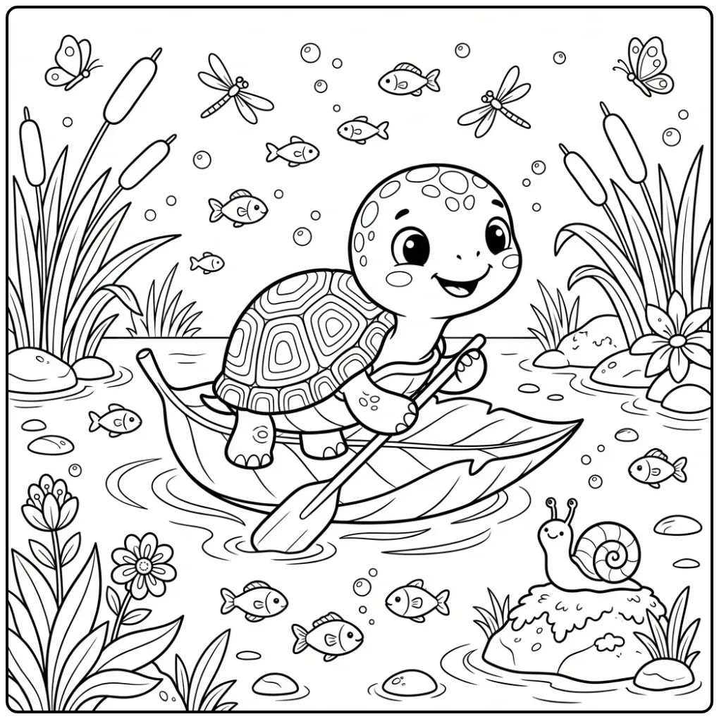 Schattige kleurplaat baby schildpad drijvend op een groot blad.