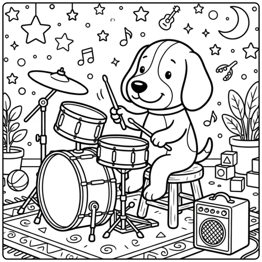 Schattige kleurplaat beagle spelend op een speelgoed drumstel.