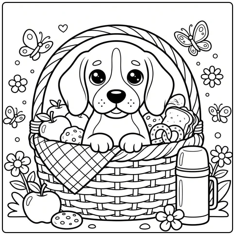 Schattige kleurplaat beagle in een picknickmand met appels.