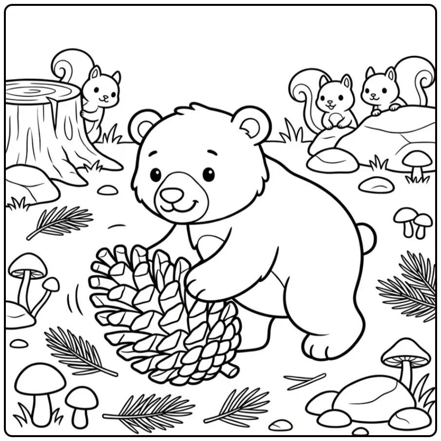Schattige kleurplaat beer spelend met een grote dennenappel.