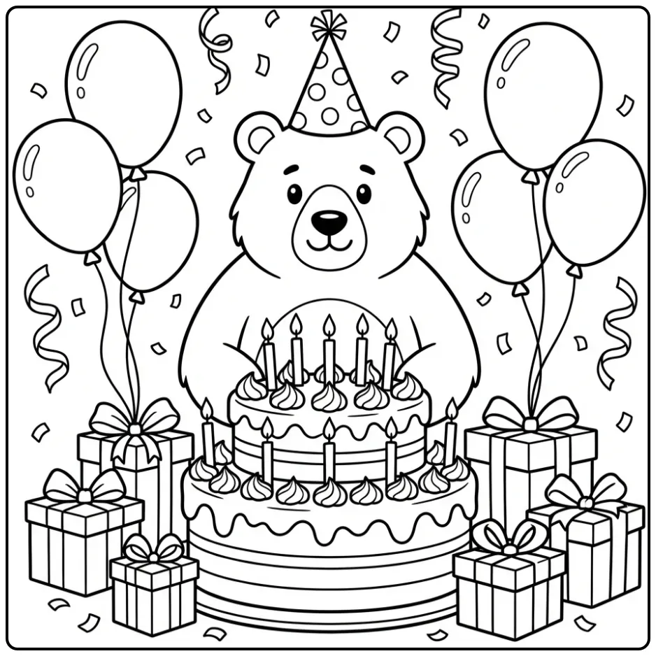 Leuke kleurplaat beer verjaardag met ballonnen en taart.