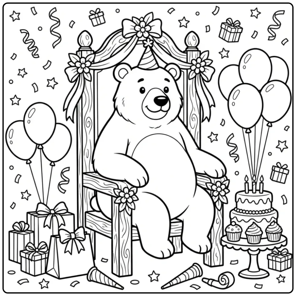 Een leuke kleurplaat beer verjaardag met ballonnen en taart.