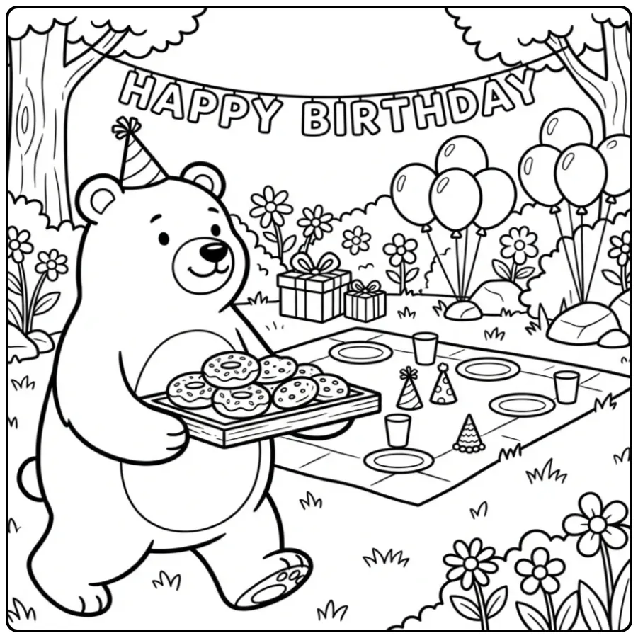 Leuke kleurplaat beer verjaardag met donuts en koekjes.