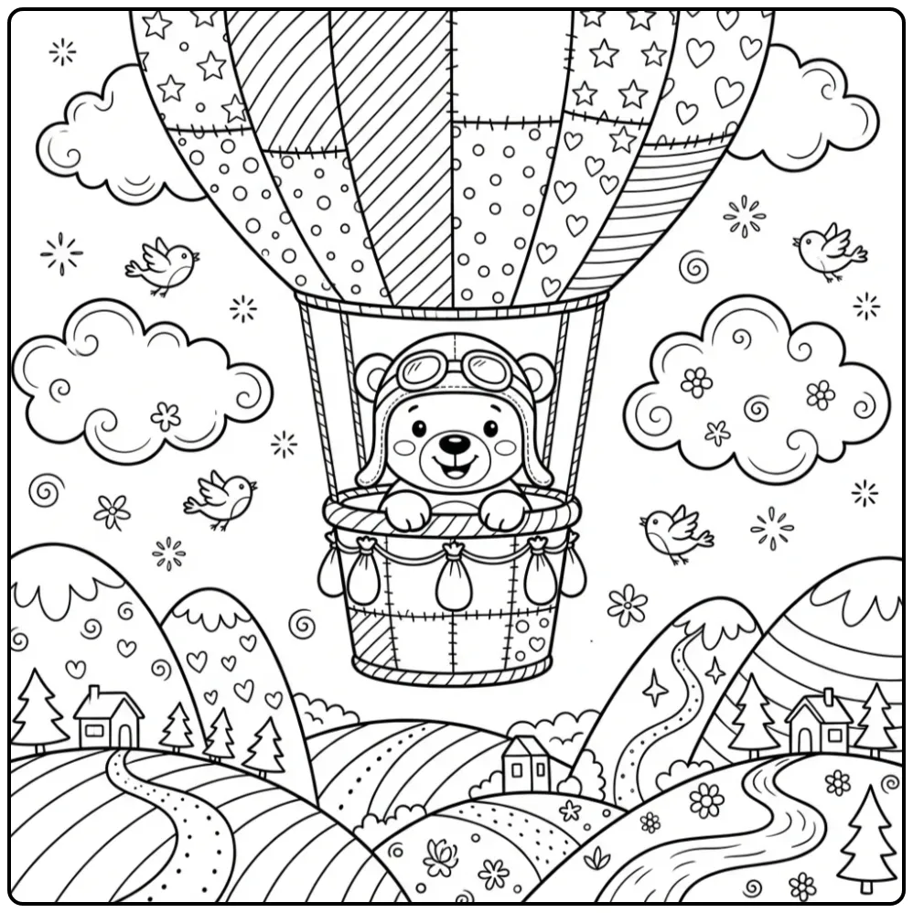 Schattige kleurplaat beertje zweeft tussen de wolken.
