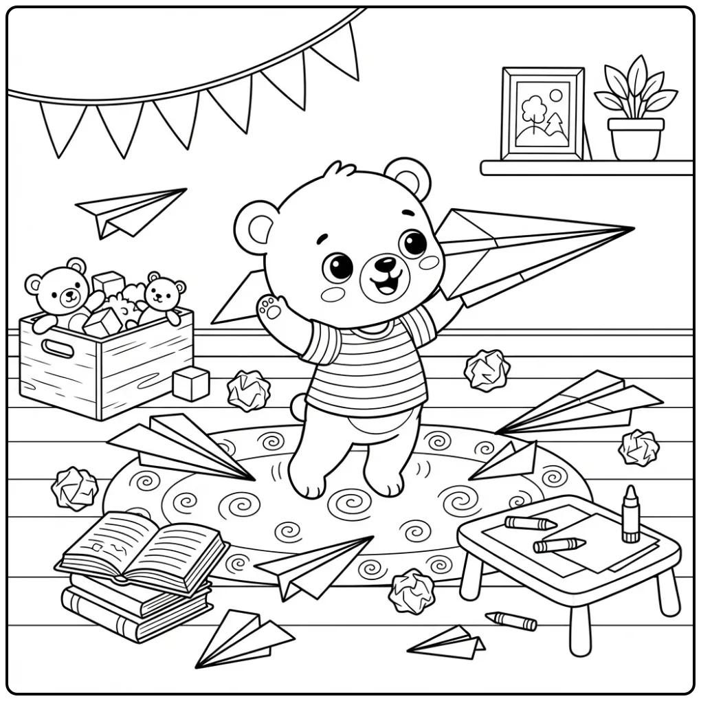 Schattige kleurplaat beertje met papieren vliegtuigjes.