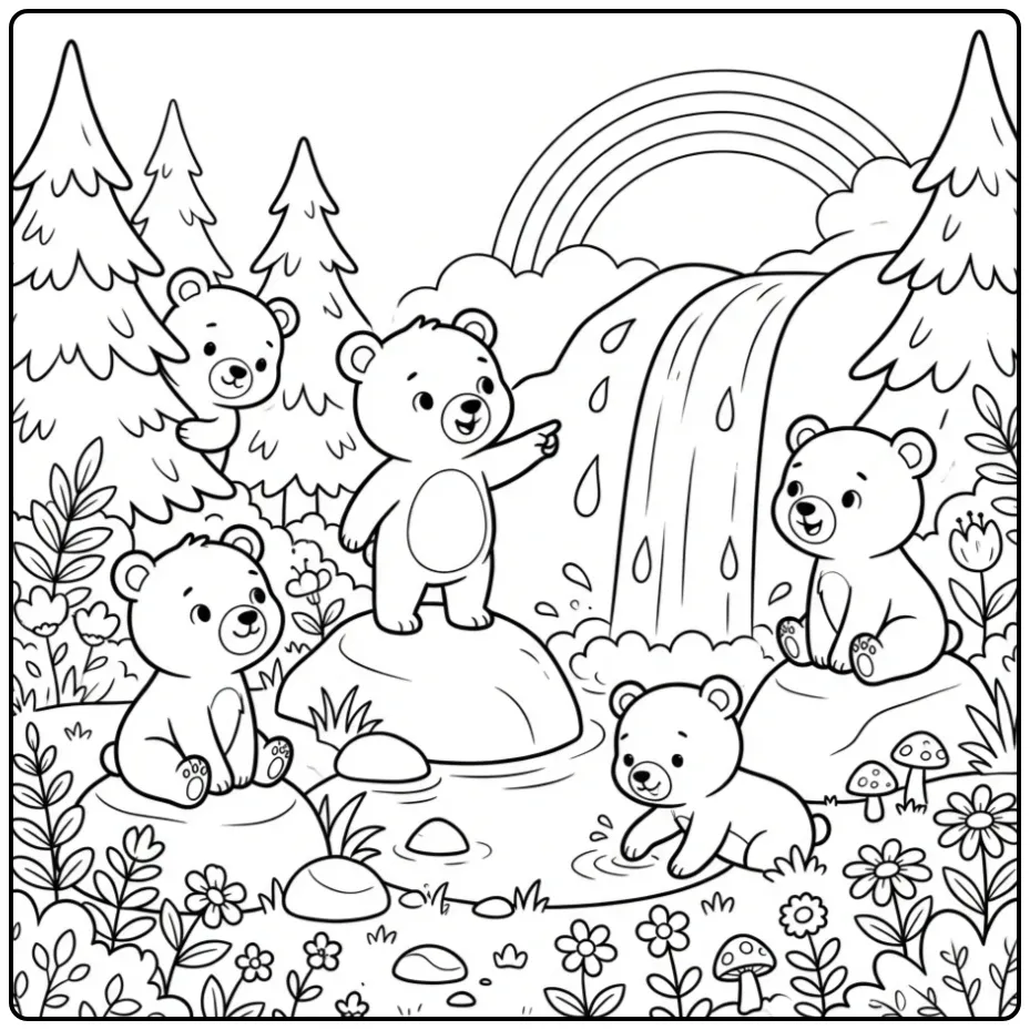 Schattige kleurplaat beertjes bij een mooie waterval.