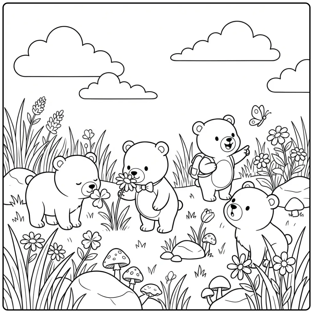 Schattige kleurplaat beertjes spelend in een bloemenweide.