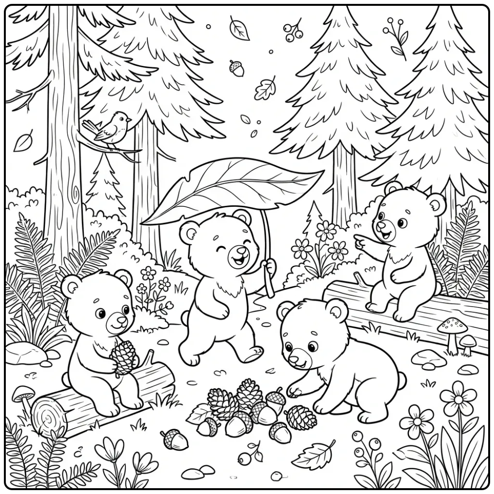 Schattige kleurplaat beertjes wandelend in een dennenbos.