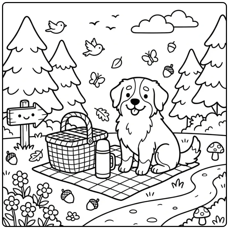 Leuke kleurplaat berner sennenhond met een picknickmand.