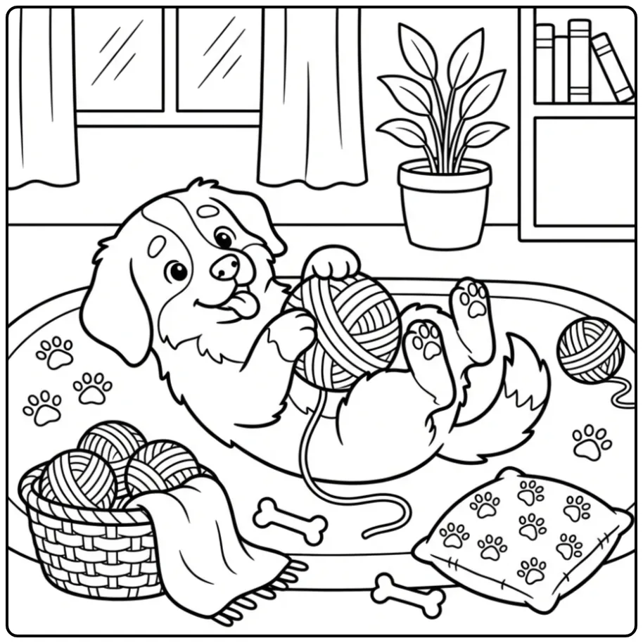 Schattige kleurplaat berner sennenhond spelend met wol.