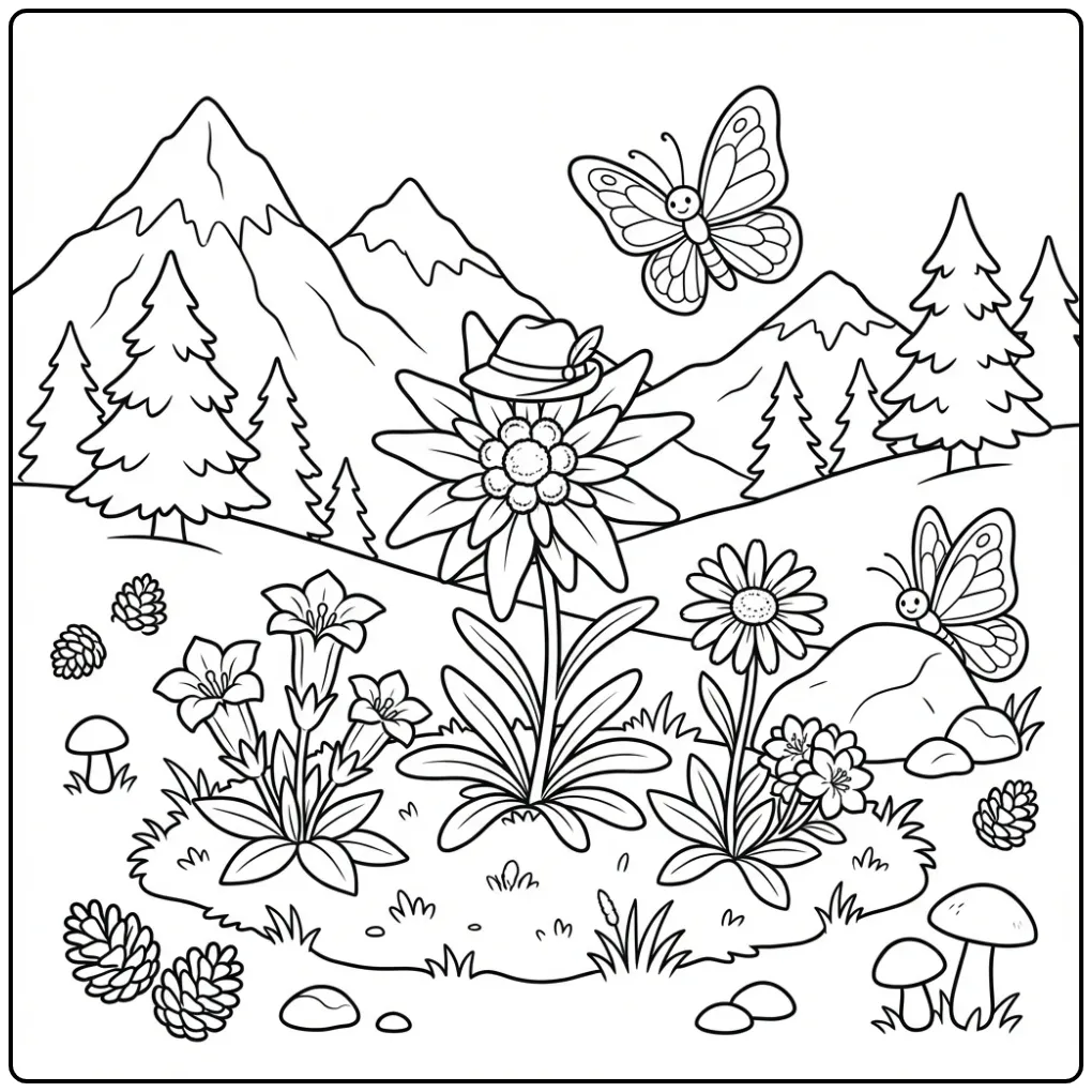 Edelweiss met hoedje op deze kleurplaat bloemen en vlinders.