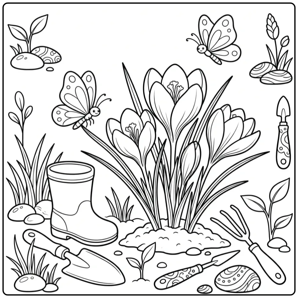 Schattige kleurplaat bloemen en vlinders met vrolijke krokus