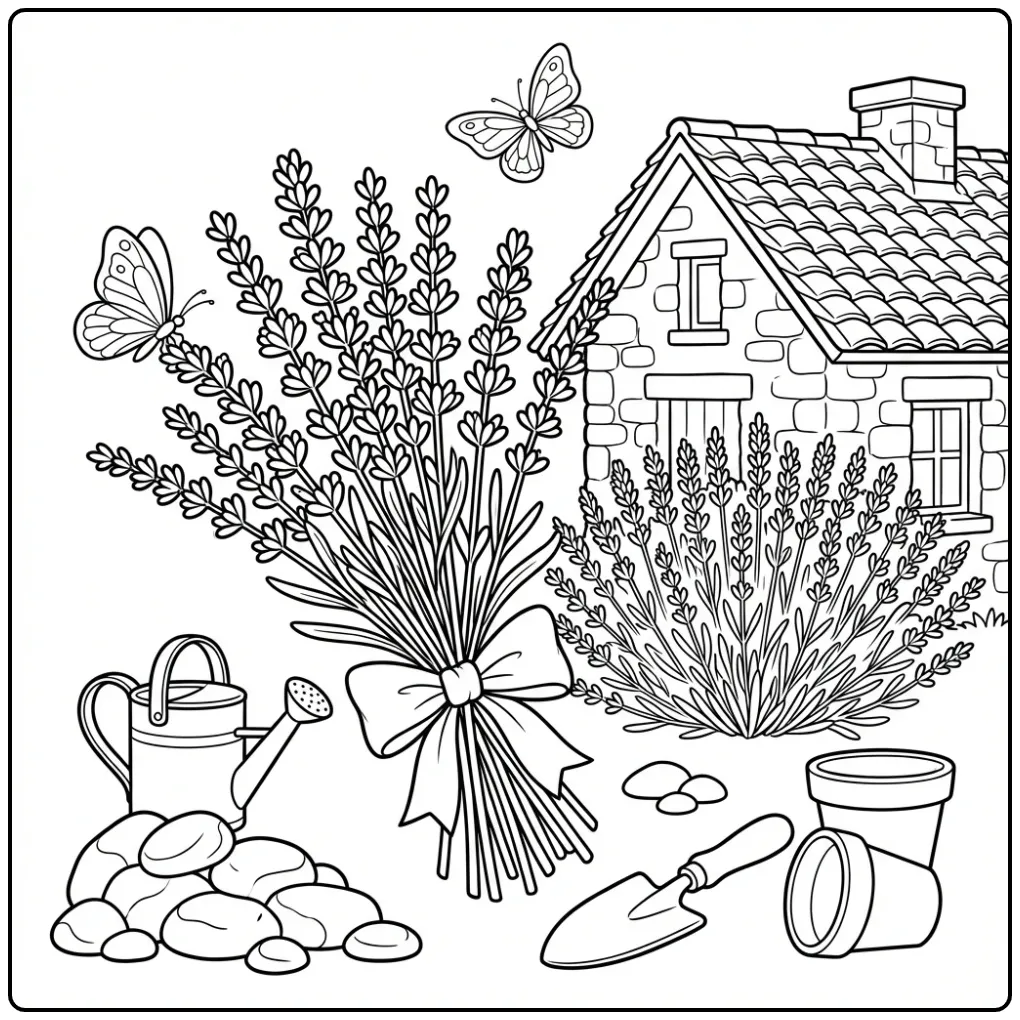 Kleurplaat bloemen en vlinders met lachende lavendel en huis.