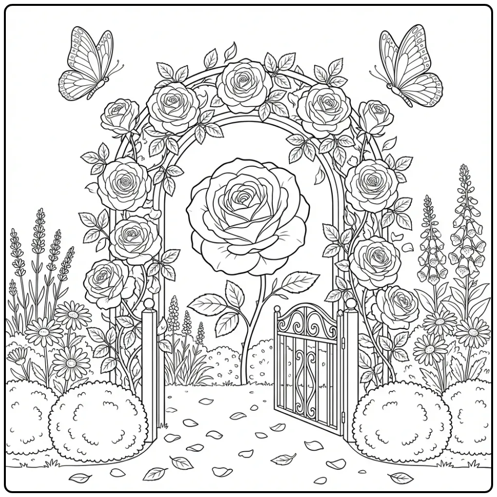 Schattige kleurplaat bloemen en vlinders in een Engelse tuin