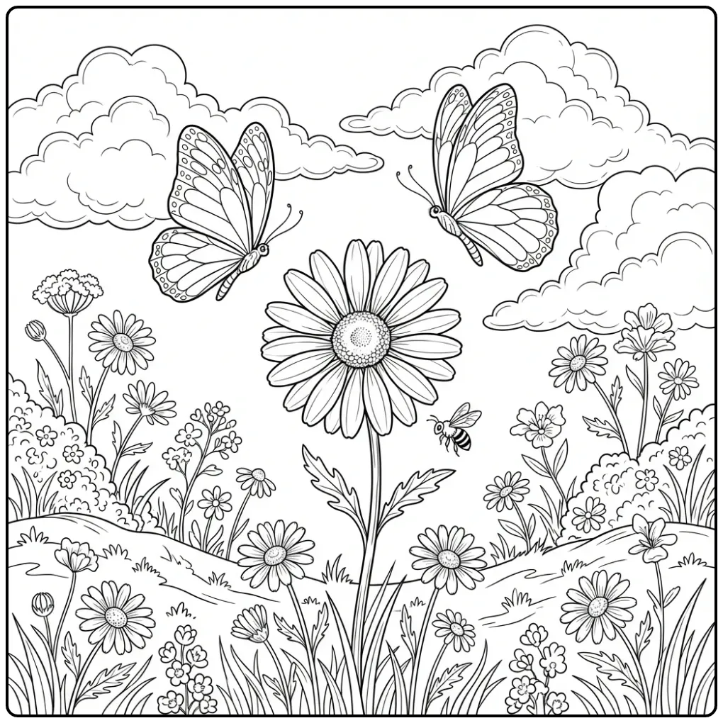 Zonnige kleurplaat bloemen en vlinders in de wei
