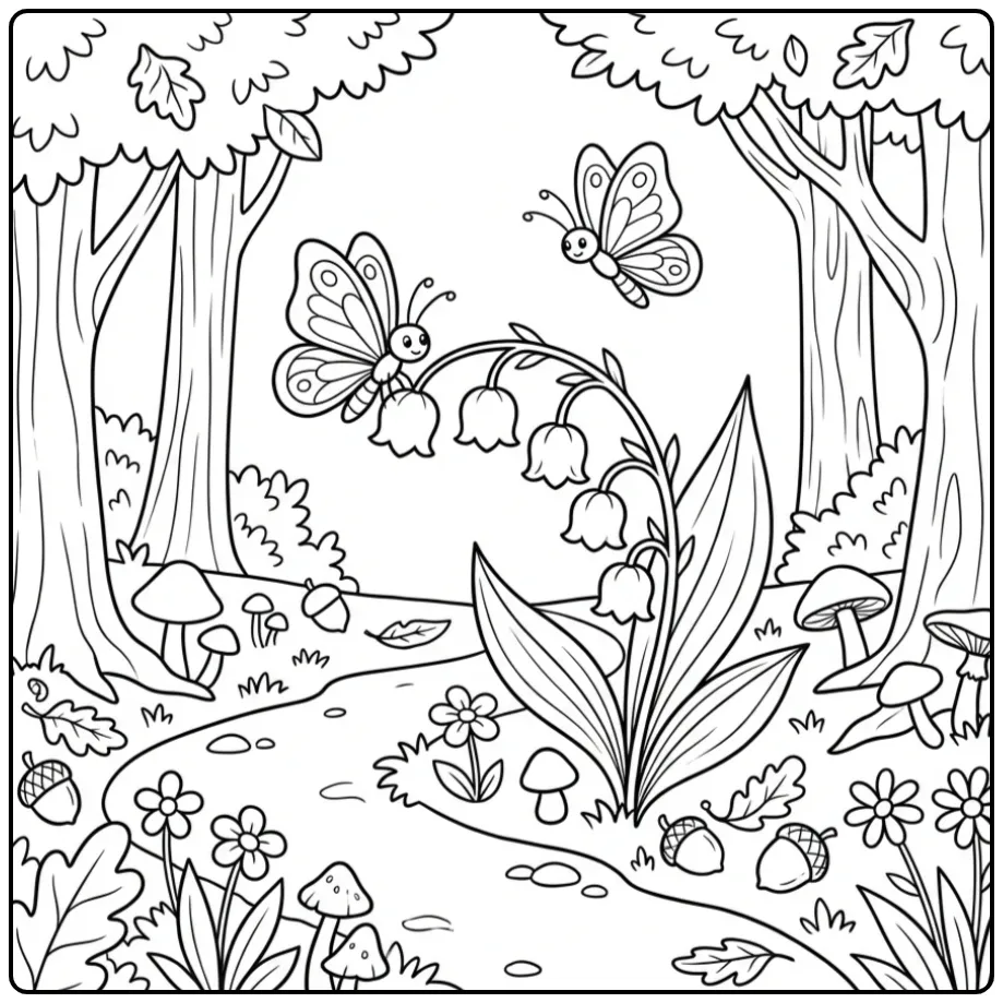 Schattige kleurplaat bloemen en vlinders in het bos.