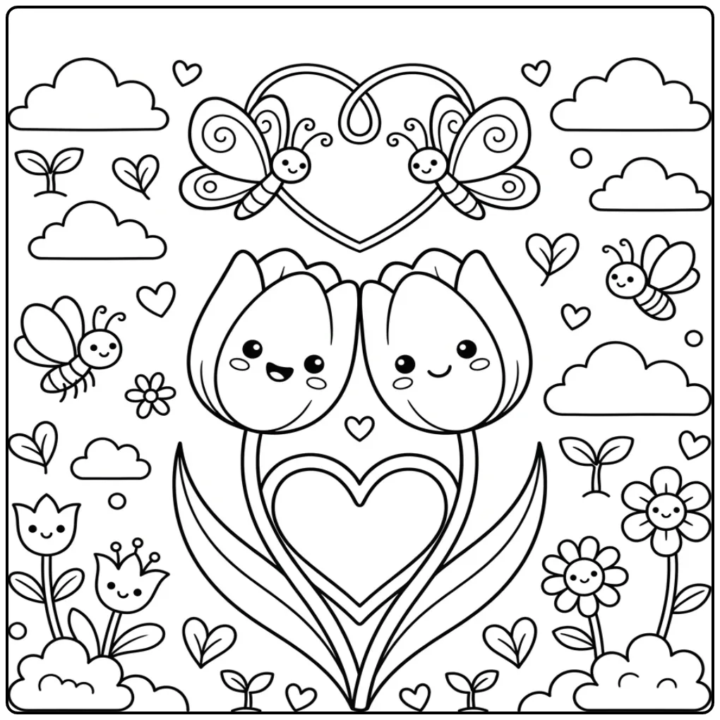 Schattige kleurplaat bloemen vlinders hartjes met tulpen.