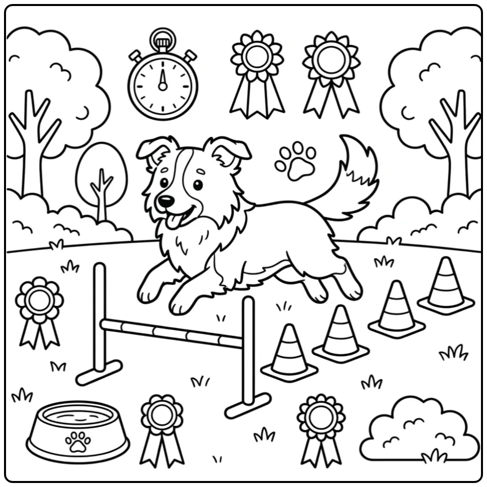 Actieve kleurplaat border collie springt over hordes.