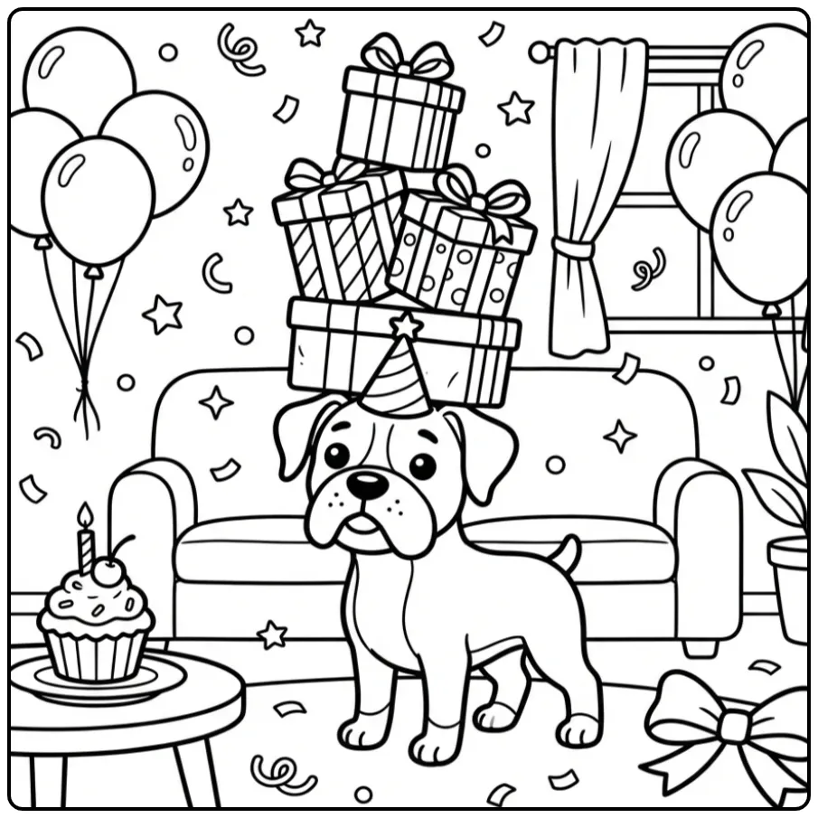 Schattige kleurplaat boxer hond met cadeaus en een feesthoedje.