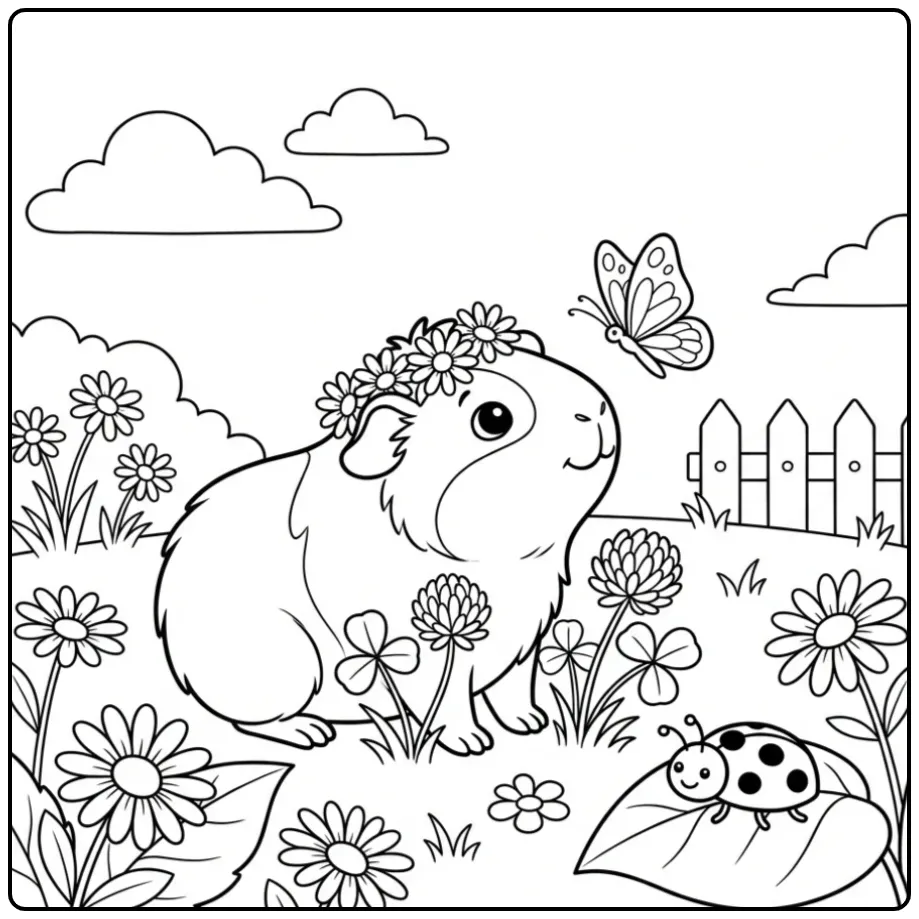 Schattige kleurplaat cavia baby met bloemenkroon en vlinder
