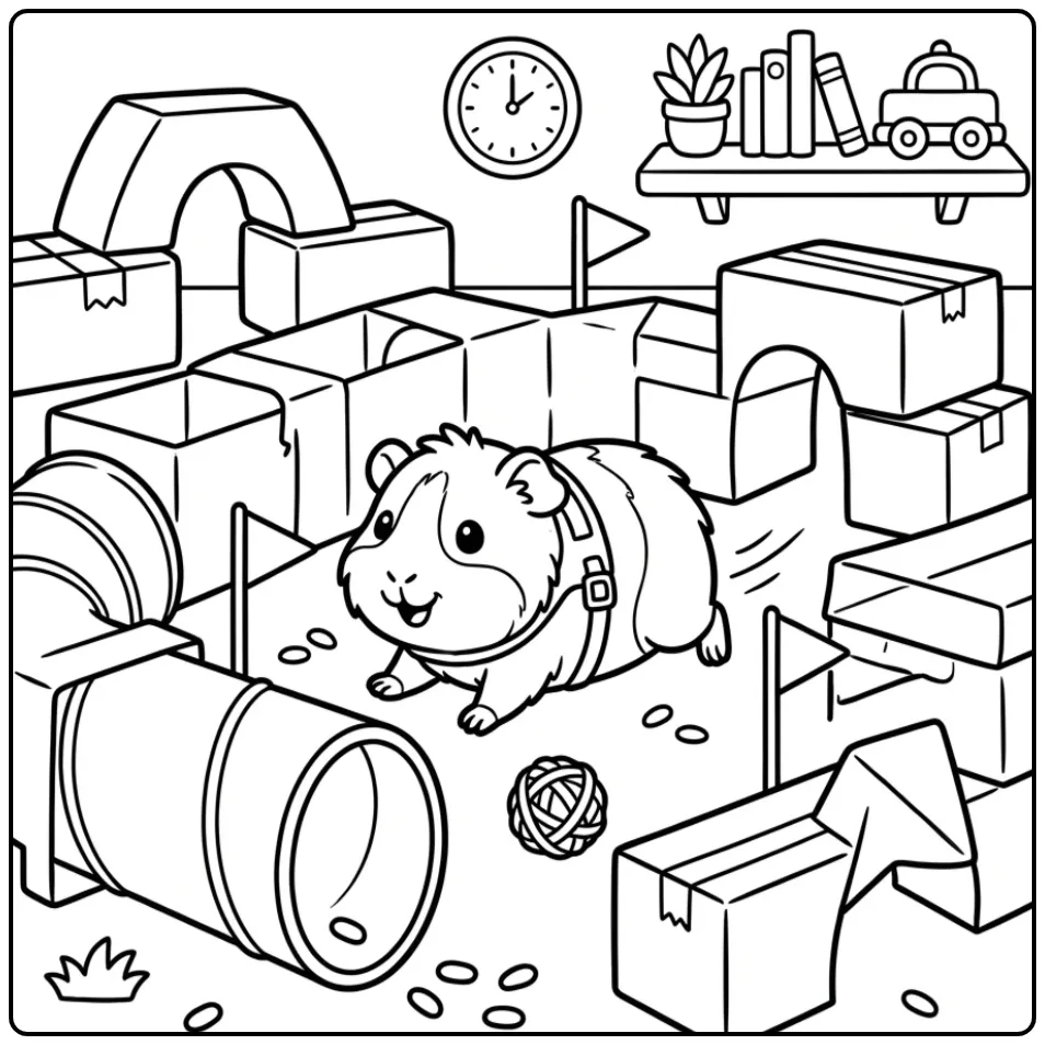 Schattige kleurplaat cavia in een doolhof van dozen.