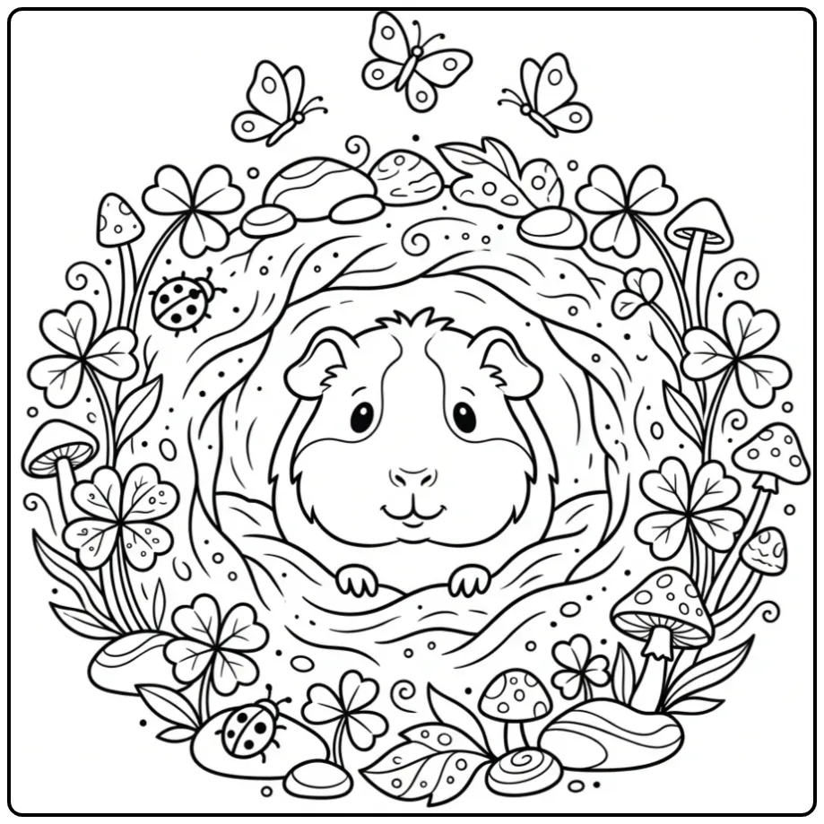 Schattige kleurplaat cavia in een holletje met klavertjes.