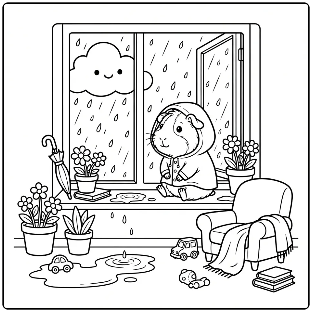 Schattige kleurplaat cavia in regenjas kijkt uit het raam.