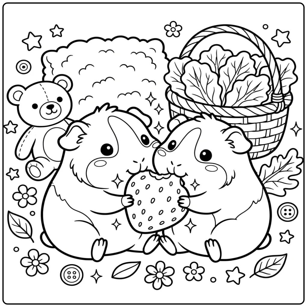 Kleurplaat cavia schattig delend een grote aardbei.