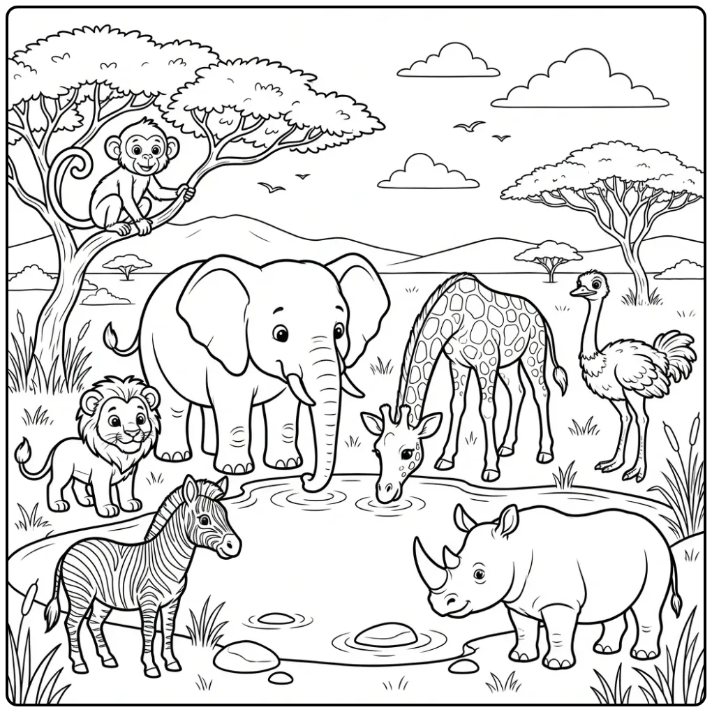 Kleurplaat dieren met olifant en giraf op de savanne.