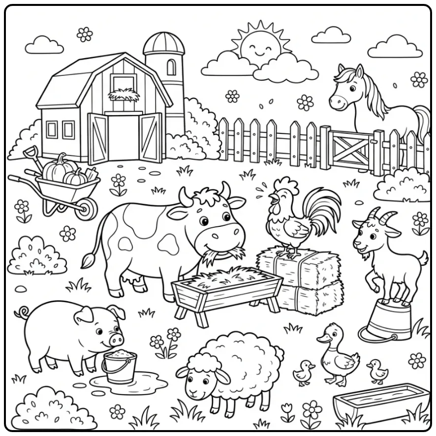 Boerderij kleurplaat dieren met vrolijke koe en haan