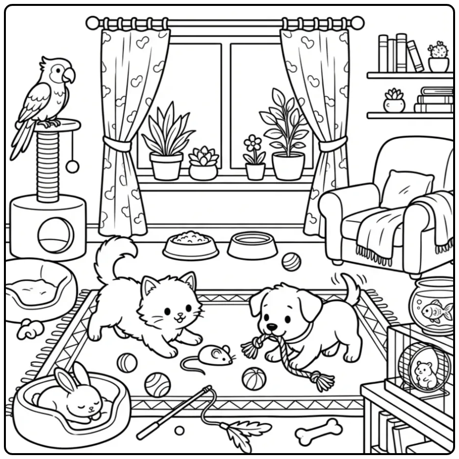 Kleurplaat dieren met een puppy en kitten in de woonkamer.