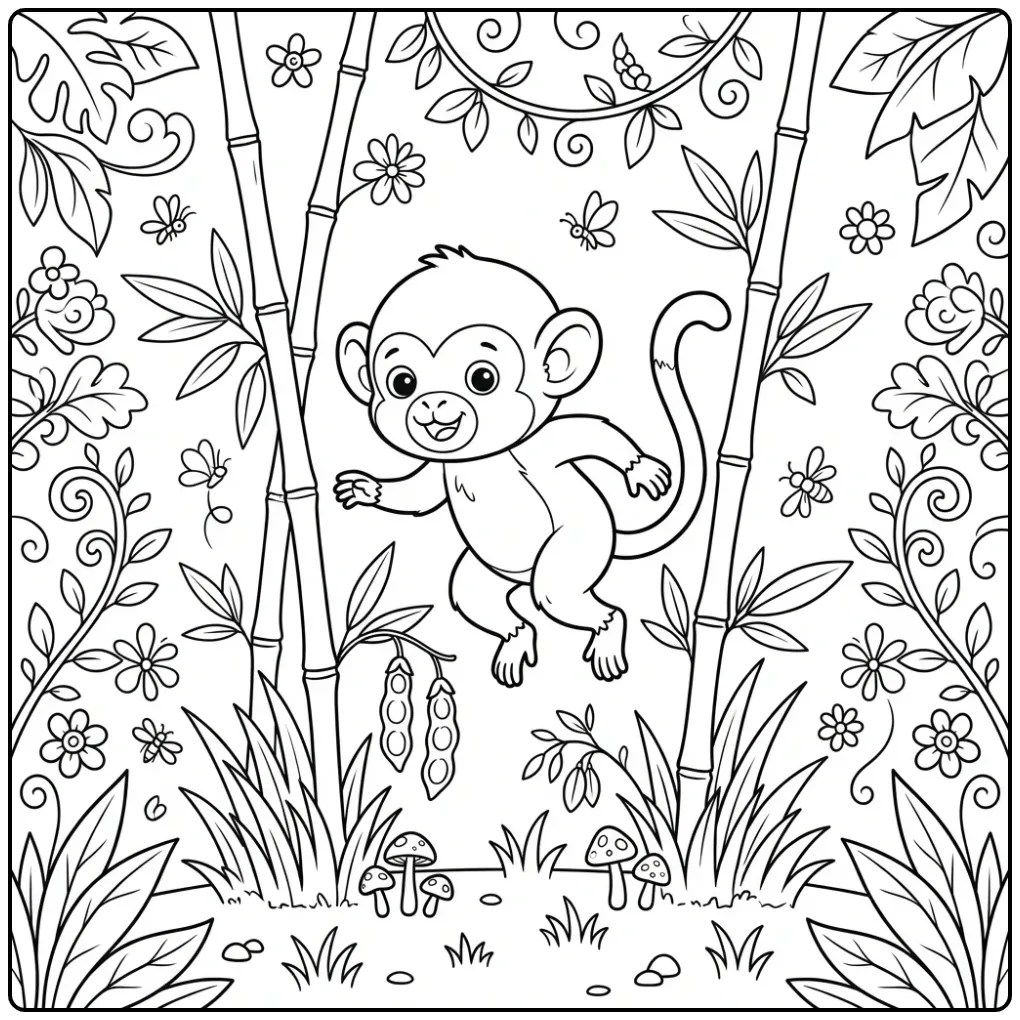 Schattige kleurplaat doodshoofdaapje springend in bamboe.