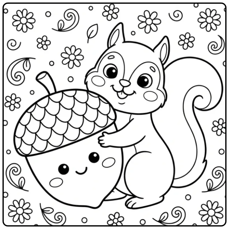 Een schattige kleurplaat eekhoorn met eikel en bloemetjes.