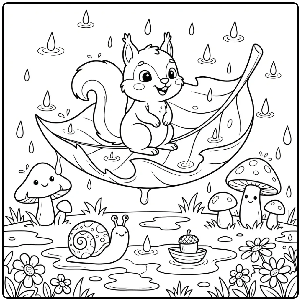 Schattige kleurplaat eekhoorn onder een groot blad in de regen.