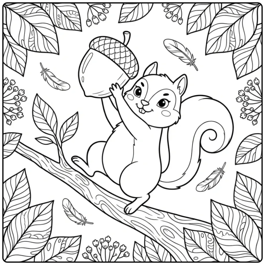 Schattige kleurplaat eekhoorn die balanceert met een noot.