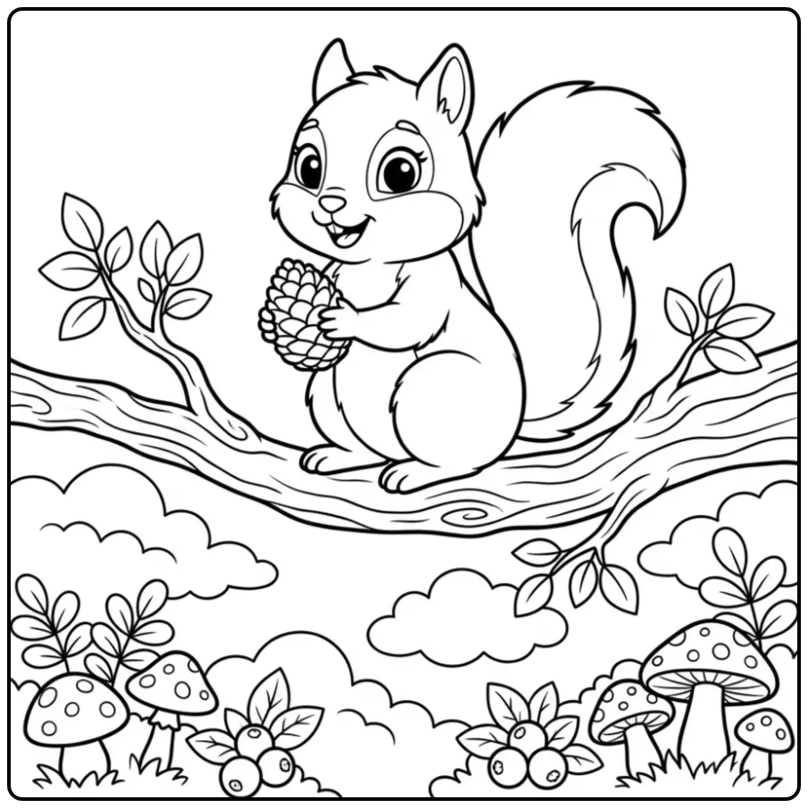 Een schattige kleurplaat eekhoorntje op een tak met nootje.