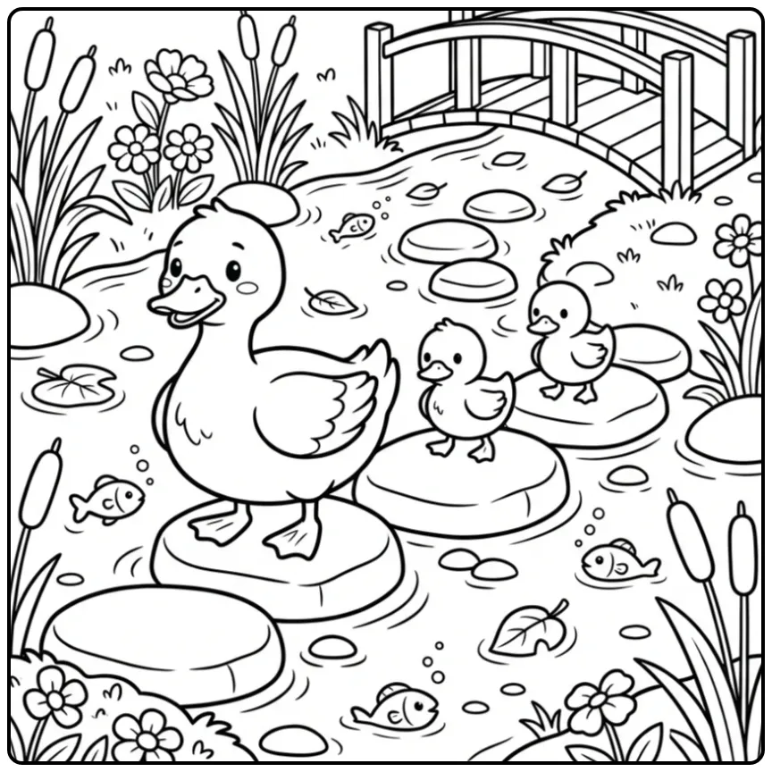 Een schattige kleurplaat eend met kuikens op stapstenen.