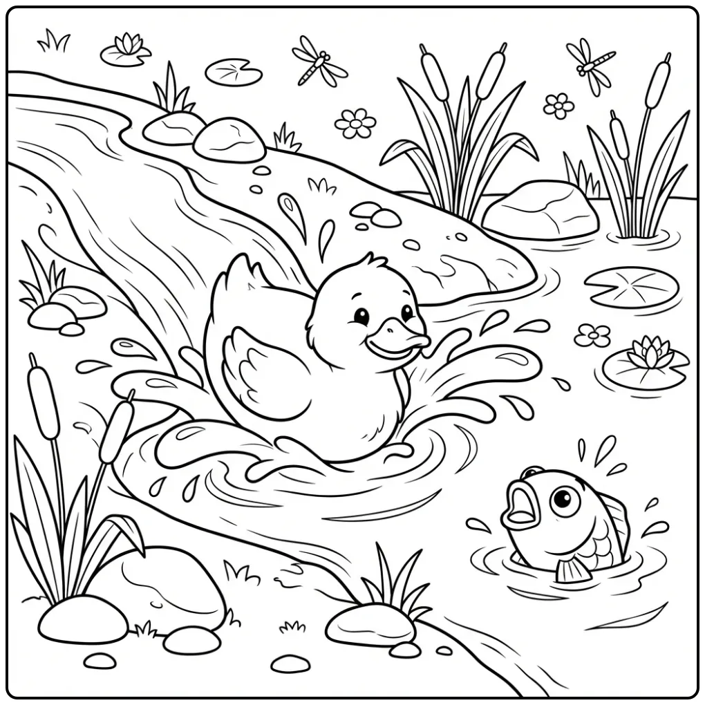 Schattige kleurplaat eend die vrolijk van de oever glijdt.