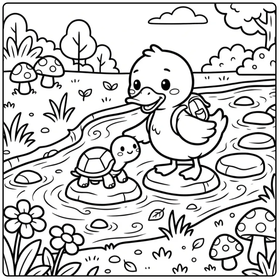 Kleurplaat eend helpt schildpad via stapstenen oversteken.