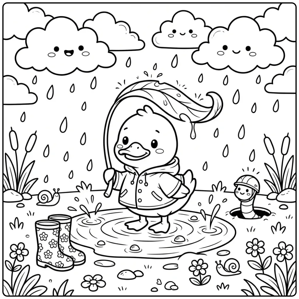 Schattige kleurplaat eend met bladparaplu in de regen.