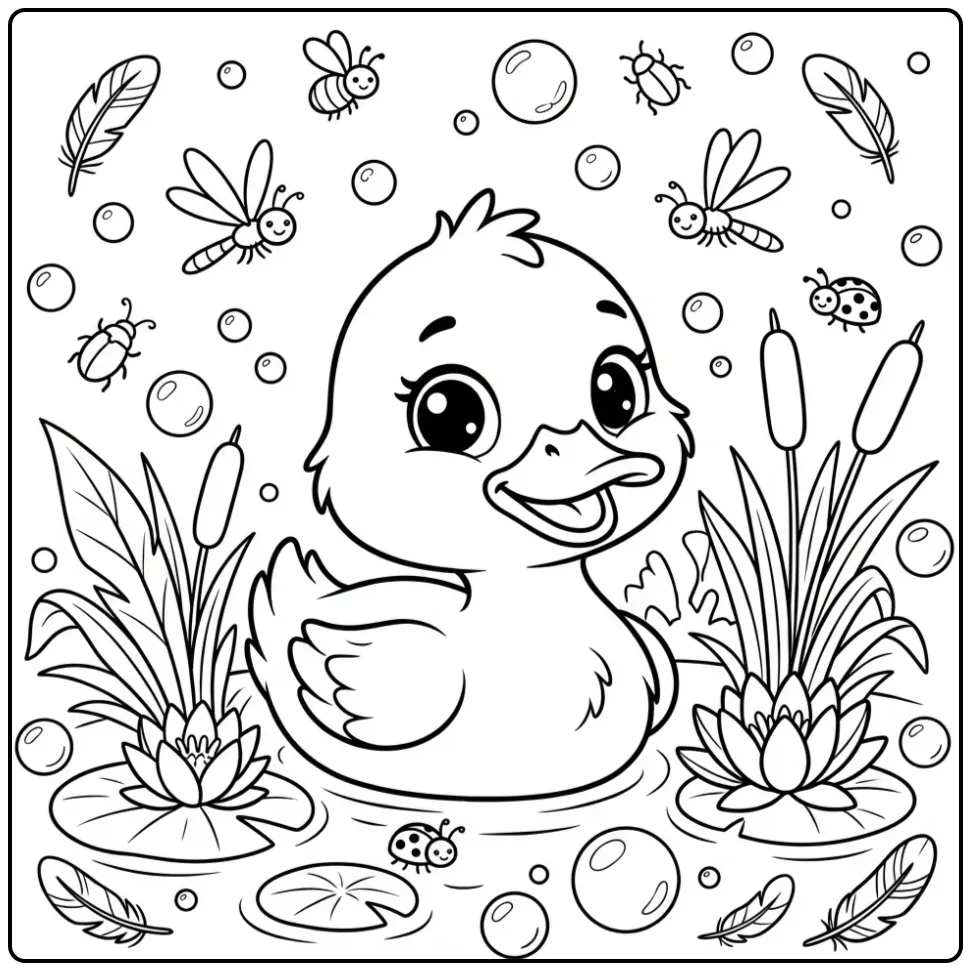 Schattige kleurplaat eend tussen veren en bubbels.