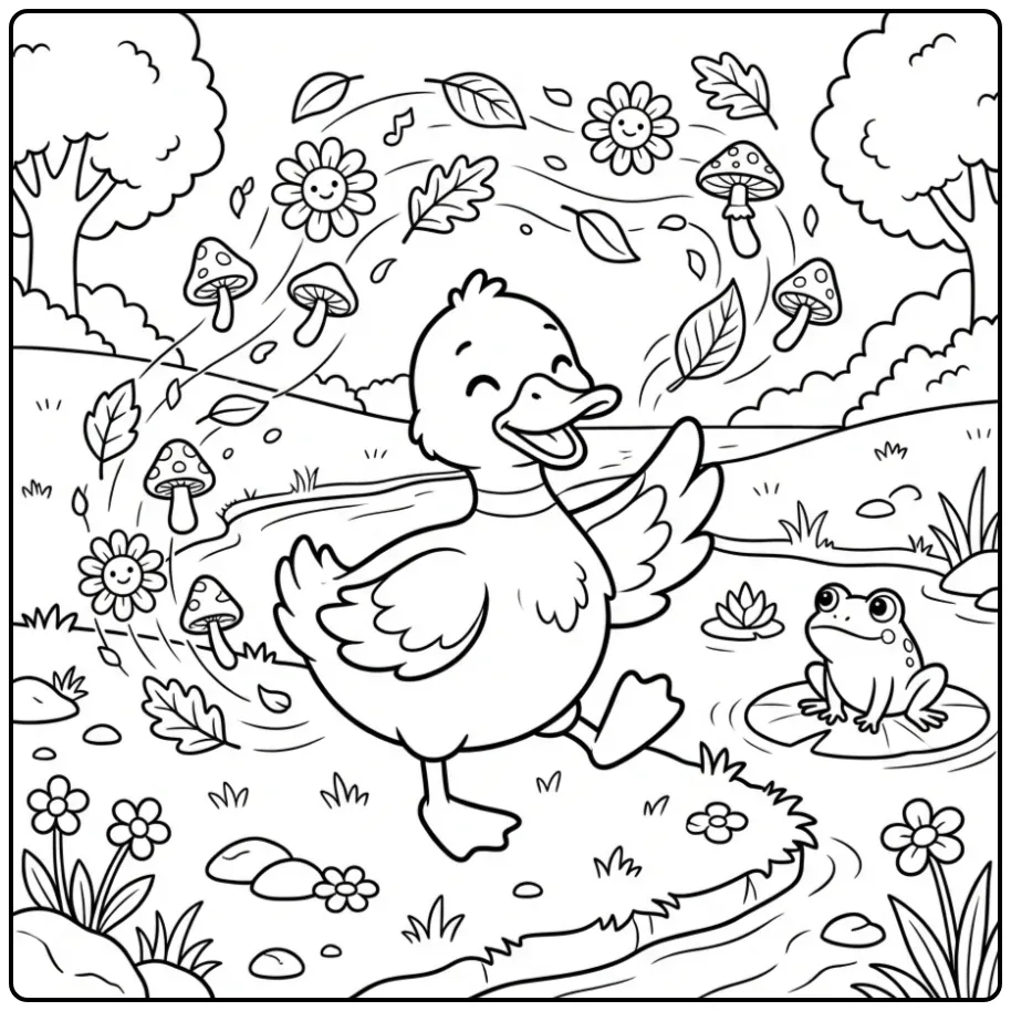 Schattige kleurplaat eend dansend op de oever met blaadjes.