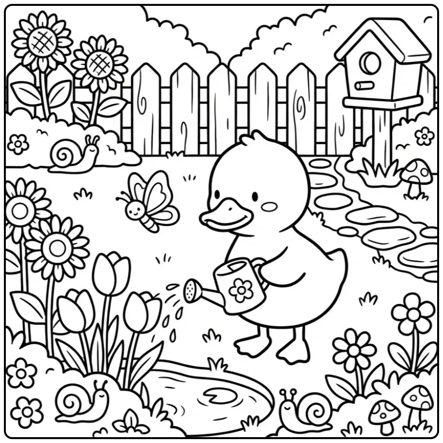 Schattige kleurplaat eend die bloemen water geeft in de tuin.