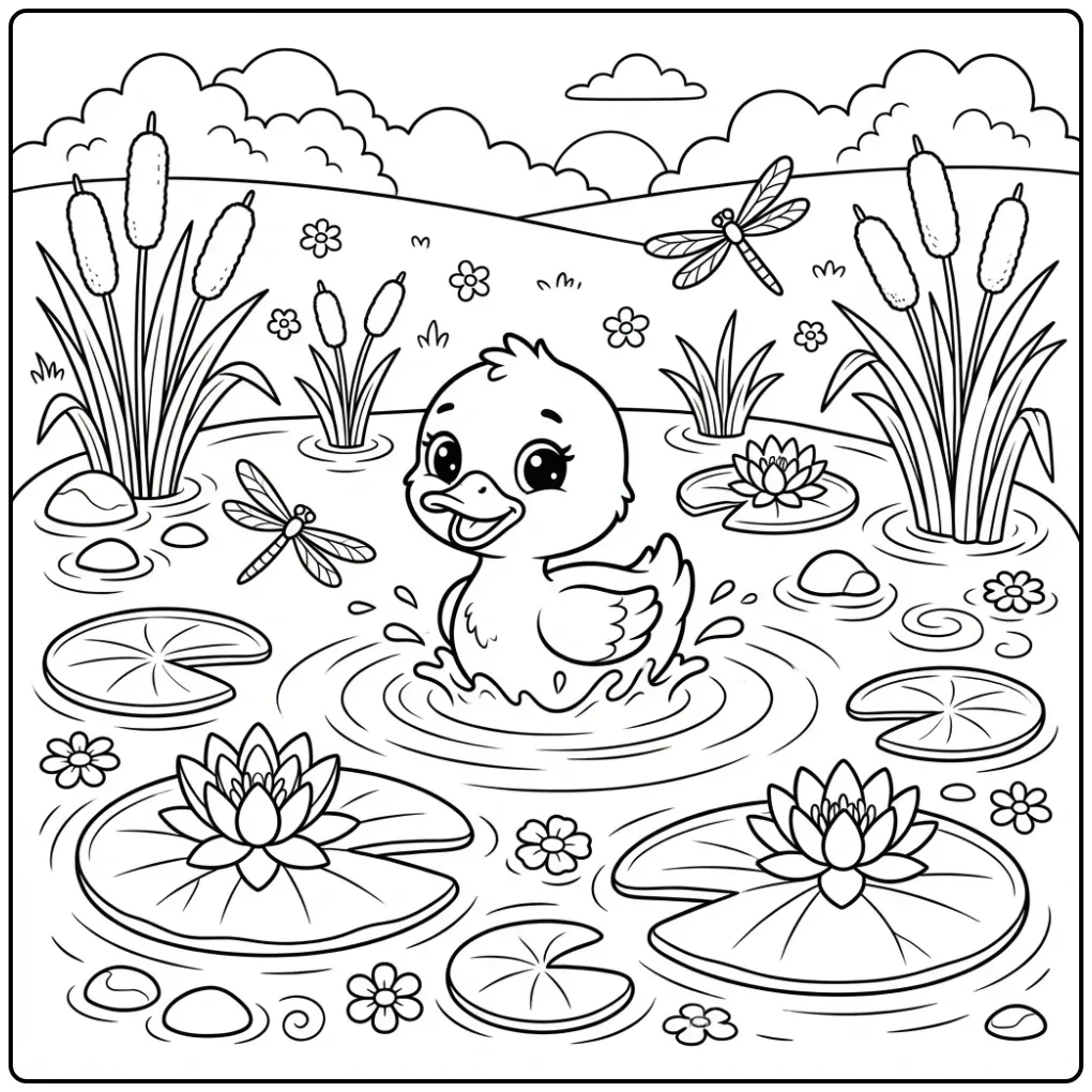 Schattige cartoon kleurplaat eend tussen de waterlelies.