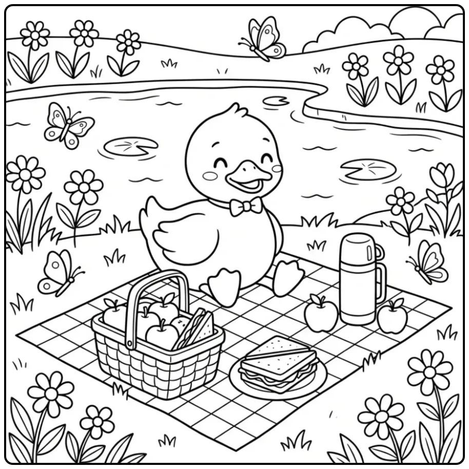 Een schattige kleurplaat eend met een picknickmand en bloemen.