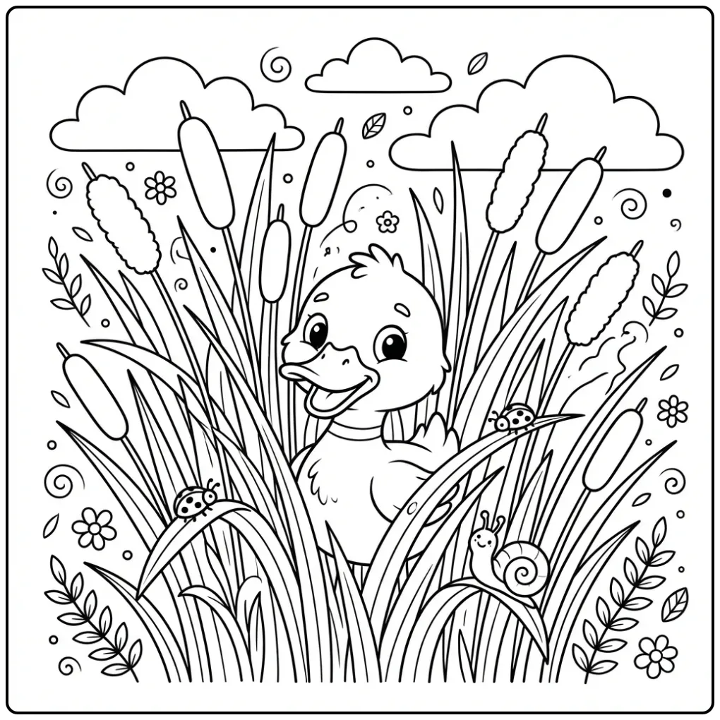 Kleurplaat eend die kiekeboe speelt tussen de rietstengels.